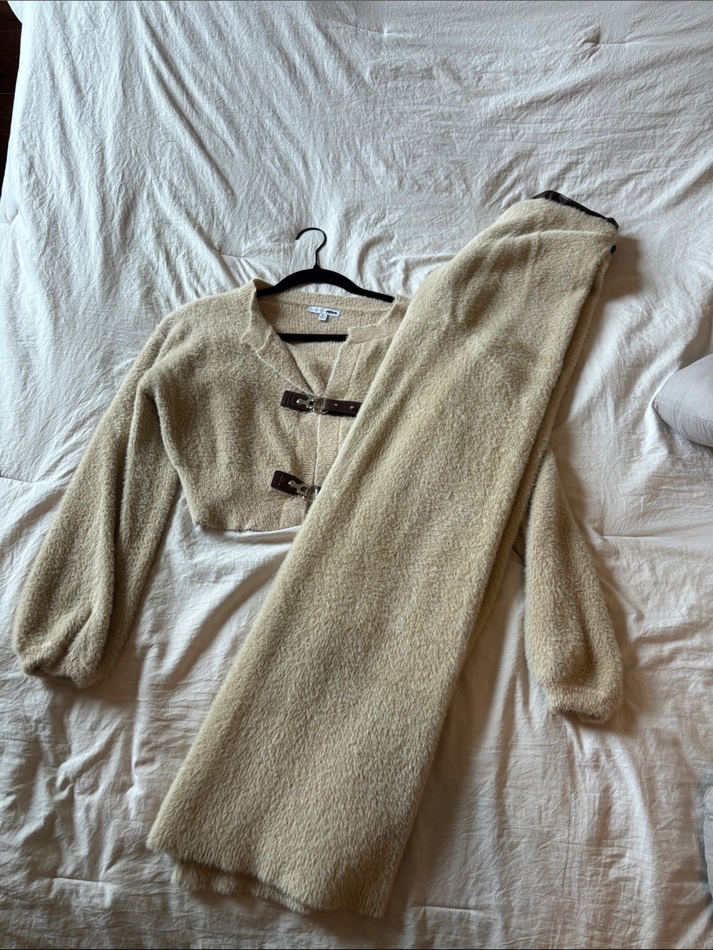 Cozy Cream Two-Piece Knit Set with leather Fashion Nova M NWT